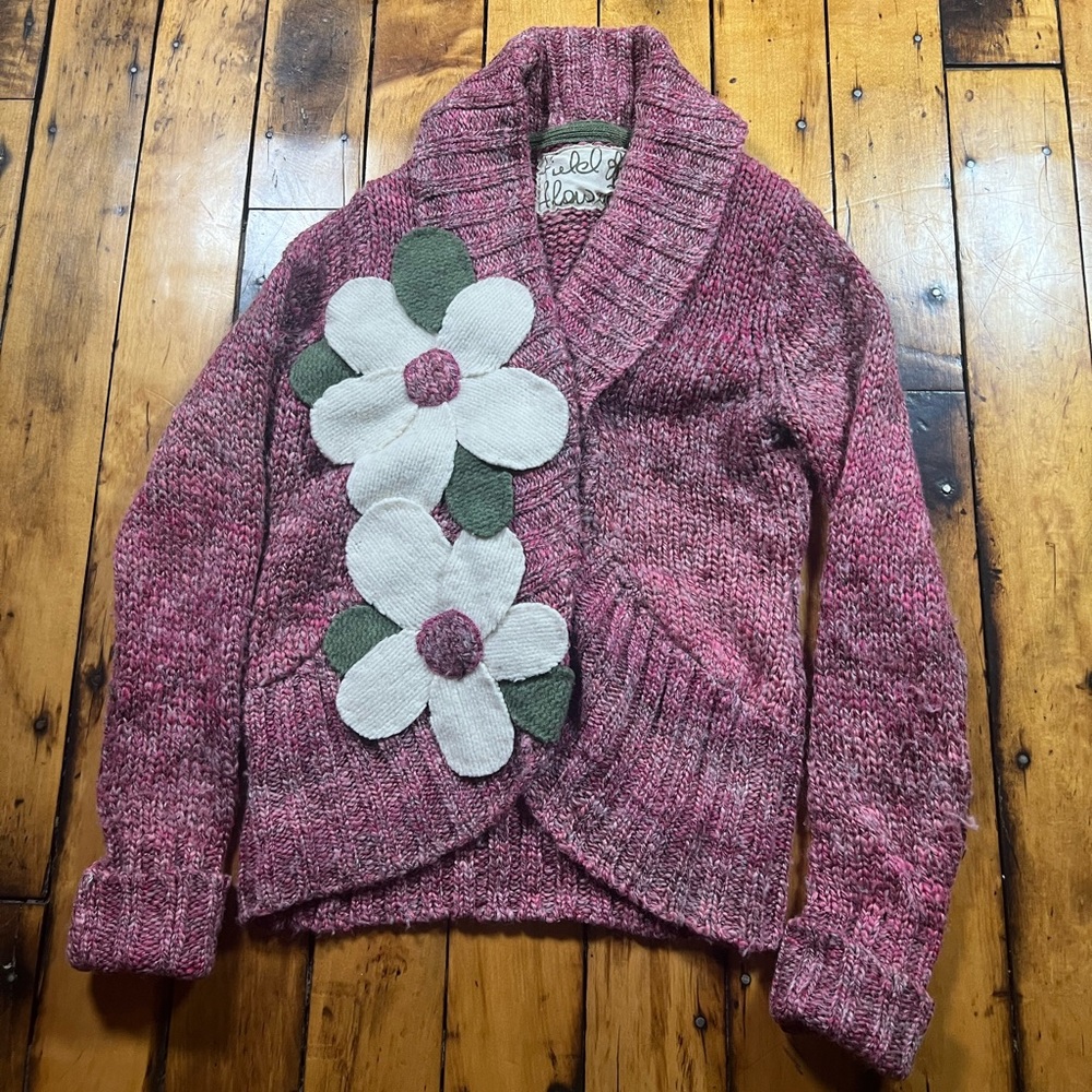 Field Flower Size Small Pink Knit Cardigan Sweater Embroidered Floral Appliqués